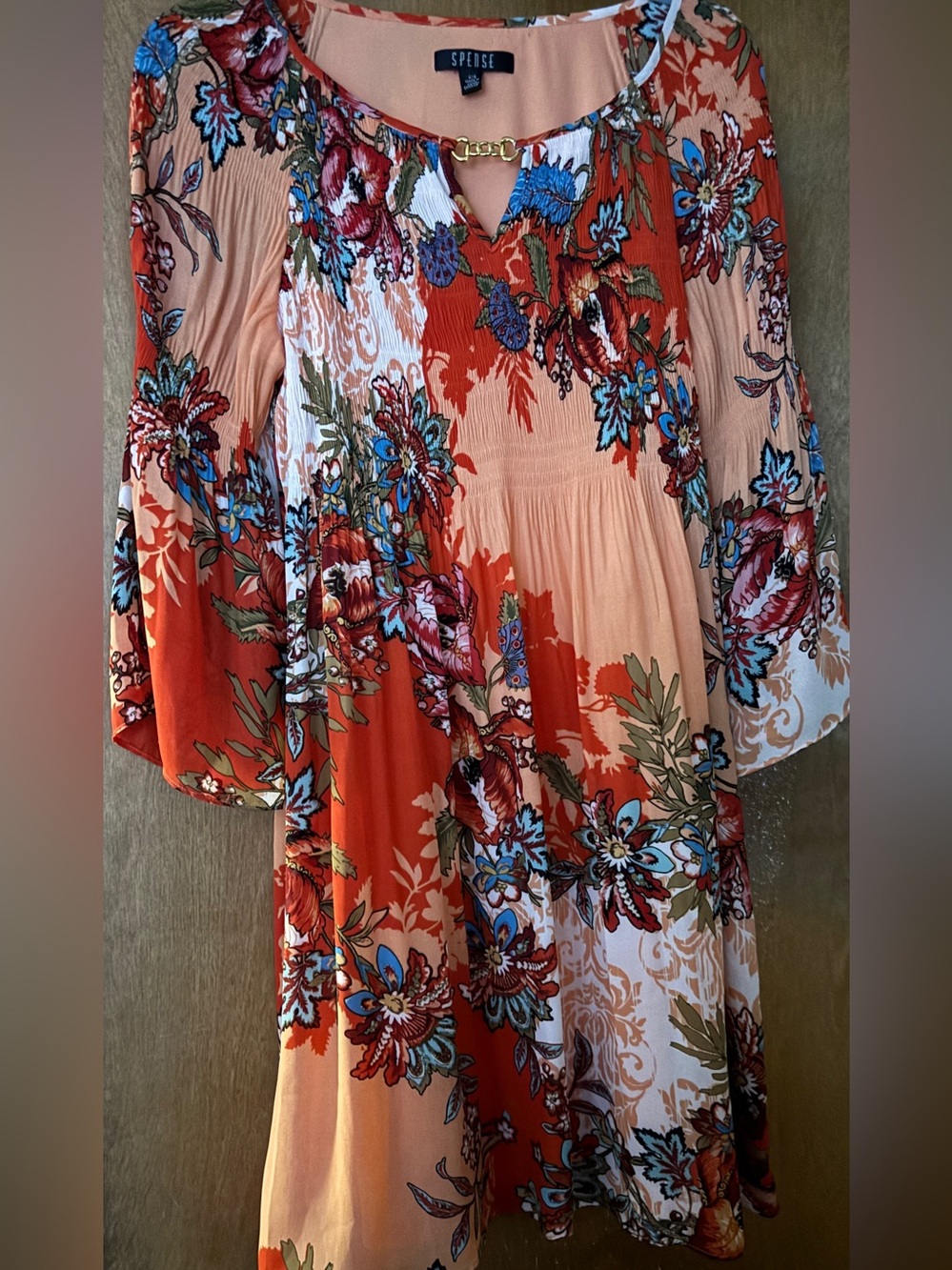 Spense Floral Midi Dress in Rust, Peach & Blue size 4